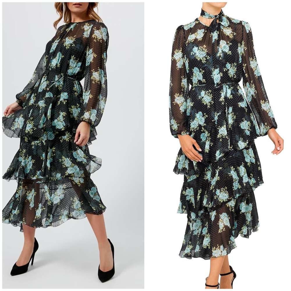 ZIMMERMANN Floral Swiss Dot Long Dress in Black Blue Size 1/Small